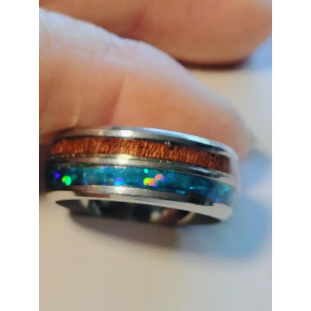Blue Opal Koa Wood Inlay Comfort Band Ring Size 7